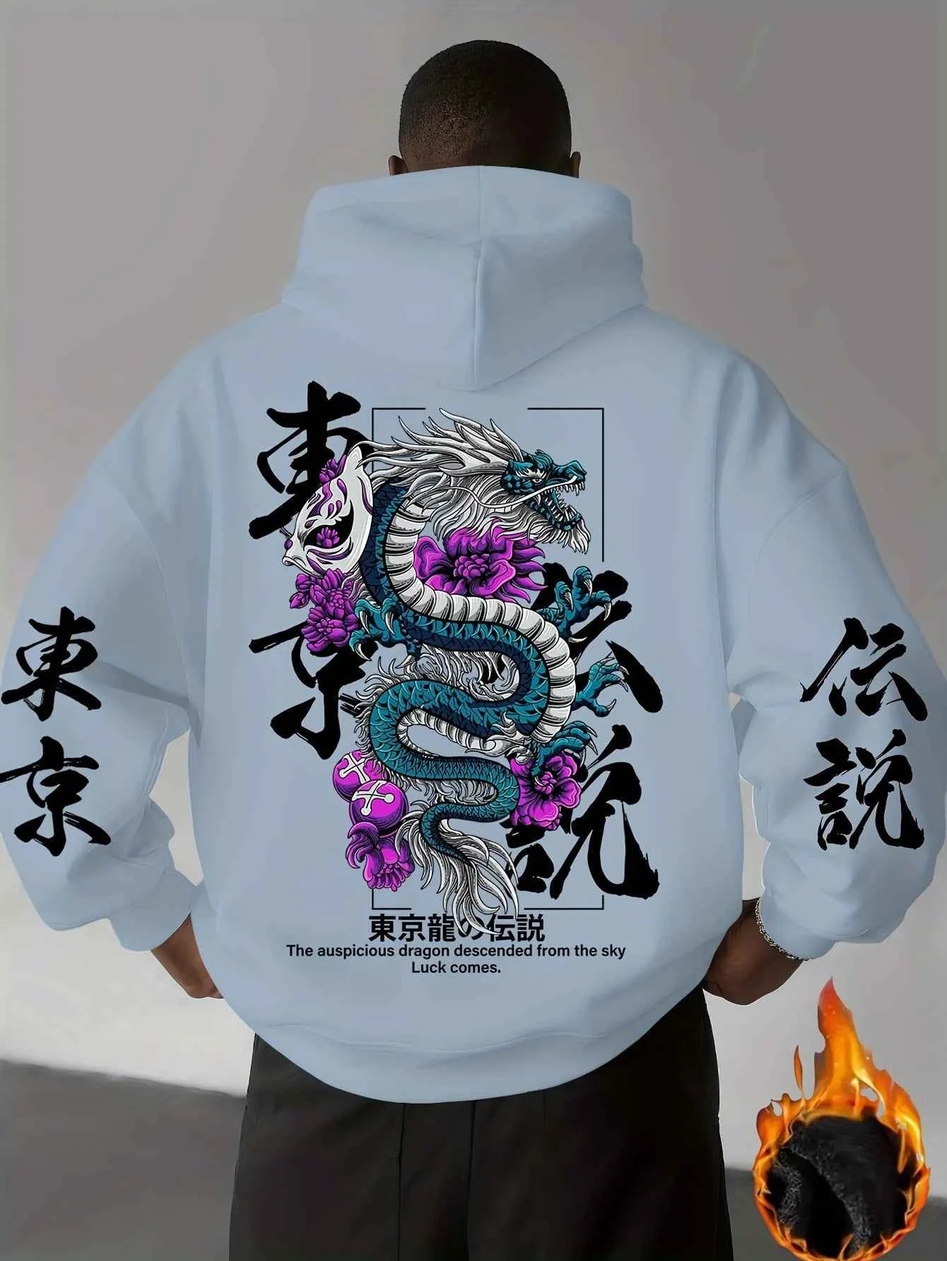 New Adult Men's Japanese Dragon Chinese Character Printed Hooded Sweatshirt Loose Casual Streetwear Warm Fleece Autumn Winter