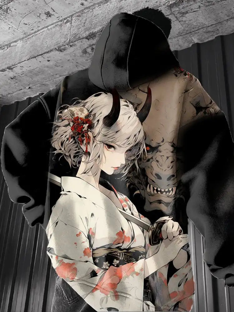 Samurai Anime Girl Hoodie - Anime, Dark Aesthetic, Samurai - Eden of Clothes