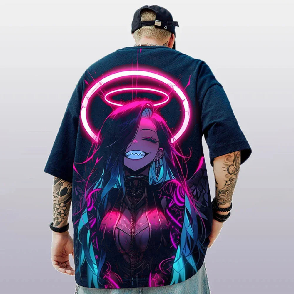 Oversized Short Sleeve T-shirt – Bold Print, Anime Style - Eden of Clothes