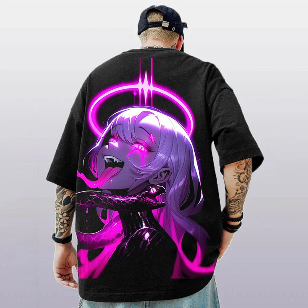 Oversized Short Sleeve T-shirt – Bold Print, Anime Style - Eden of Clothes