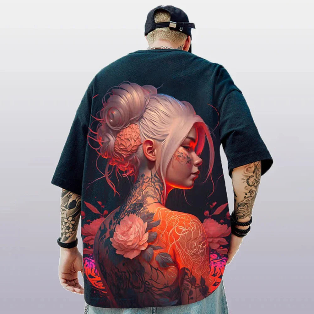 Oversized Short Sleeve T-shirt – Bold Print, Anime Style - Eden of Clothes