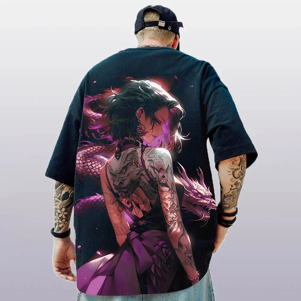 Oversized Short Sleeve T-shirt – Bold Print, Anime Style - Eden of Clothes