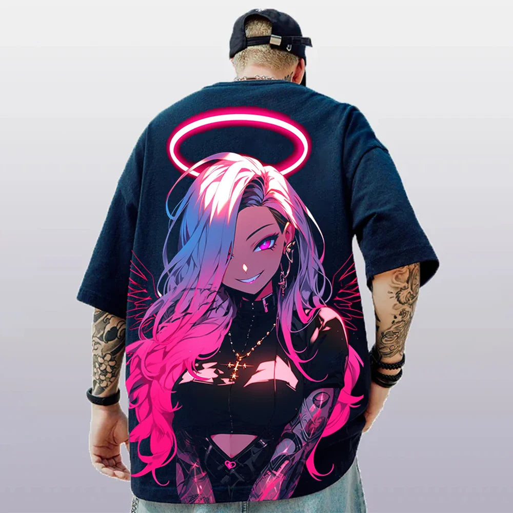 Oversized Short Sleeve T-shirt – Bold Print, Anime Style - Eden of Clothes