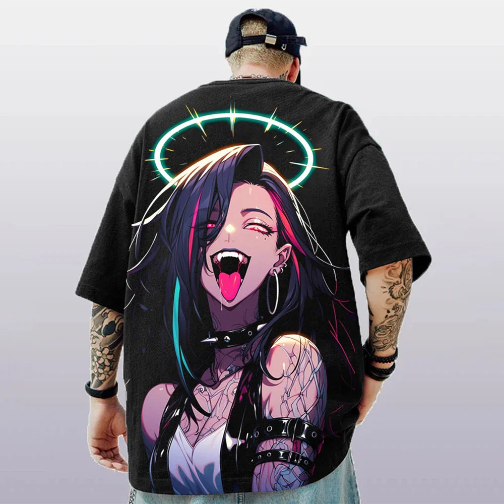 Oversized Short Sleeve T-shirt – Bold Print, Anime Style - Eden of Clothes