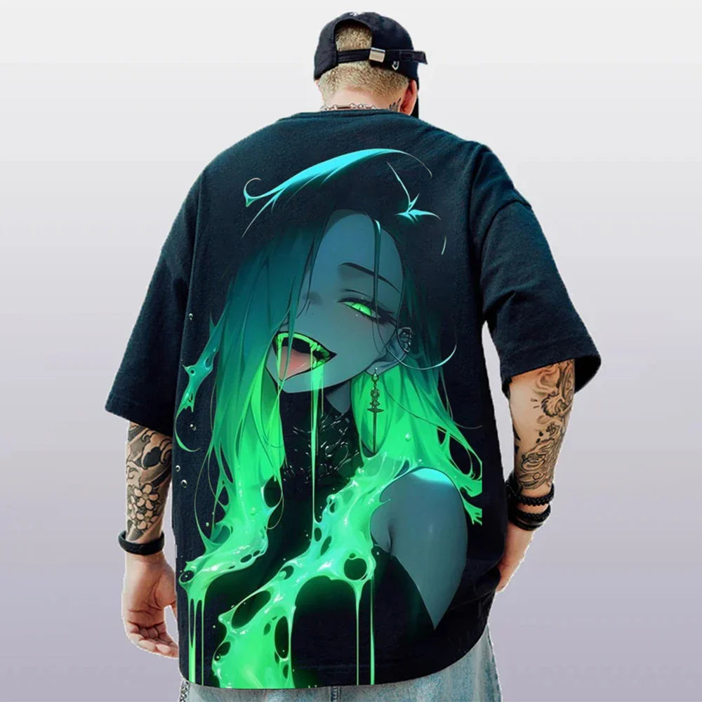 Oversized Short Sleeve T-shirt – Bold Print, Anime Style - Eden of Clothes