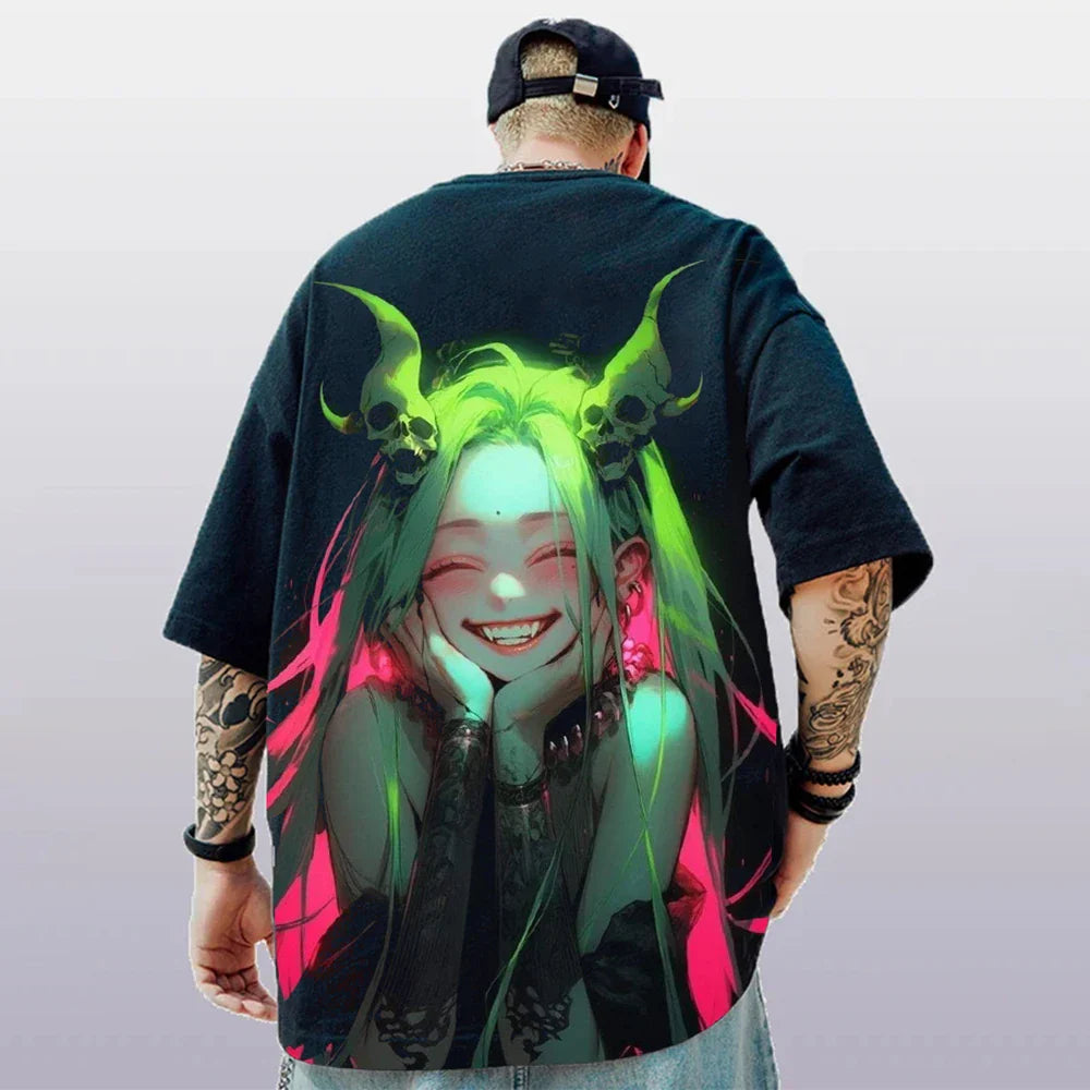 Oversized Short Sleeve T-shirt – Bold Print, Anime Style - Eden of Clothes