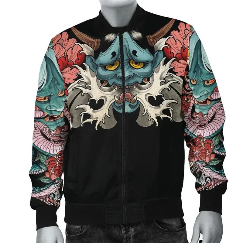 Samurai Oni Mask Bomber Jacket – Fierce Design, Anime Style - Eden of Clothes