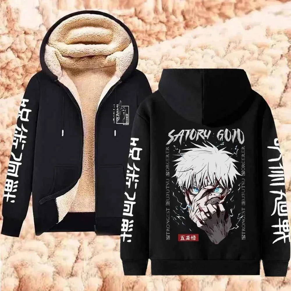 Jujutsu Kaisen Warm Zipper Jacket Gojo Satoru Anime Thicken Hoodie Men Women Lamb Wool Casual Long Sleeve Sweatshirts Streetwear