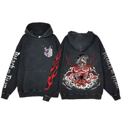 Spring and Autumn animation attack Titan pure cotton hoodie hip hop long sleeve casual street clothing acid-washed sweatshirt