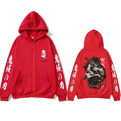 Anime Demon Slayer Kokushibo Zipper Hoodie Men Women Clothing Cartoon Fashion Zip Up Jacket Men's Oversized Zip Up Sweatshirt