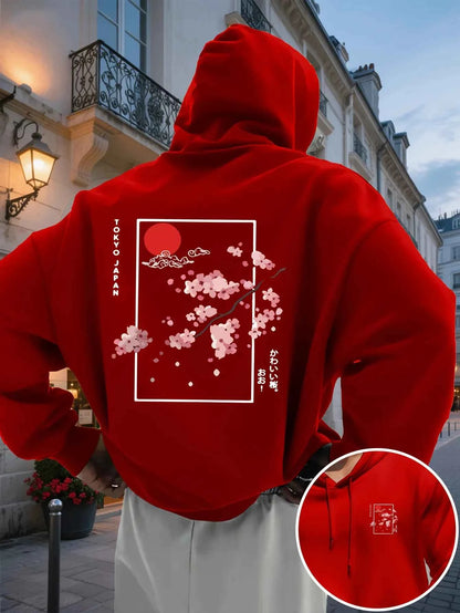Men's Hooded Sweatshirt Japanese Style Cherry Blossom Printed Hoodie Pocket and Drawstring Casual Pullover, Daily Wear S-3XL
