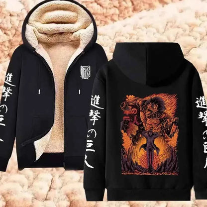 Attack on Titan Winter Warm Zipper Jacket Anime Print Hoodies Men Women Thicken Zip Up Sweatshirts Harajuku Hip Hop Streetwear