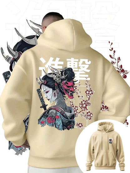 Men's Anime Printed Hooded Sweatshirt Japanese Samurai Design Adult Autumn Winter Fleece Warm Loose Casual Trendy Street Style