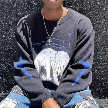 Women's Oversized Knitting Pullover Sweater Anime Print O-Neck Harajuku Style Y2K Streetwear Cute Pattern Knitwear