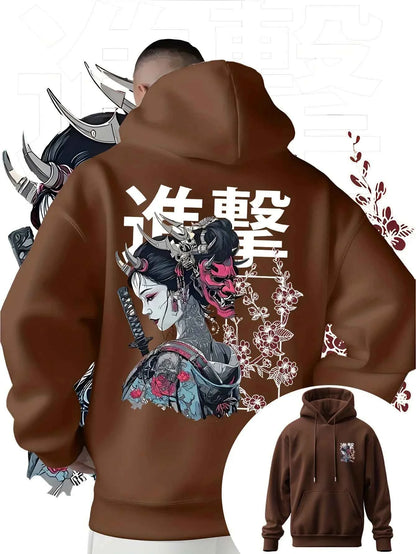 Men's Anime Printed Hooded Sweatshirt Japanese Samurai Design Adult Autumn Winter Fleece Warm Loose Casual Trendy Street Style