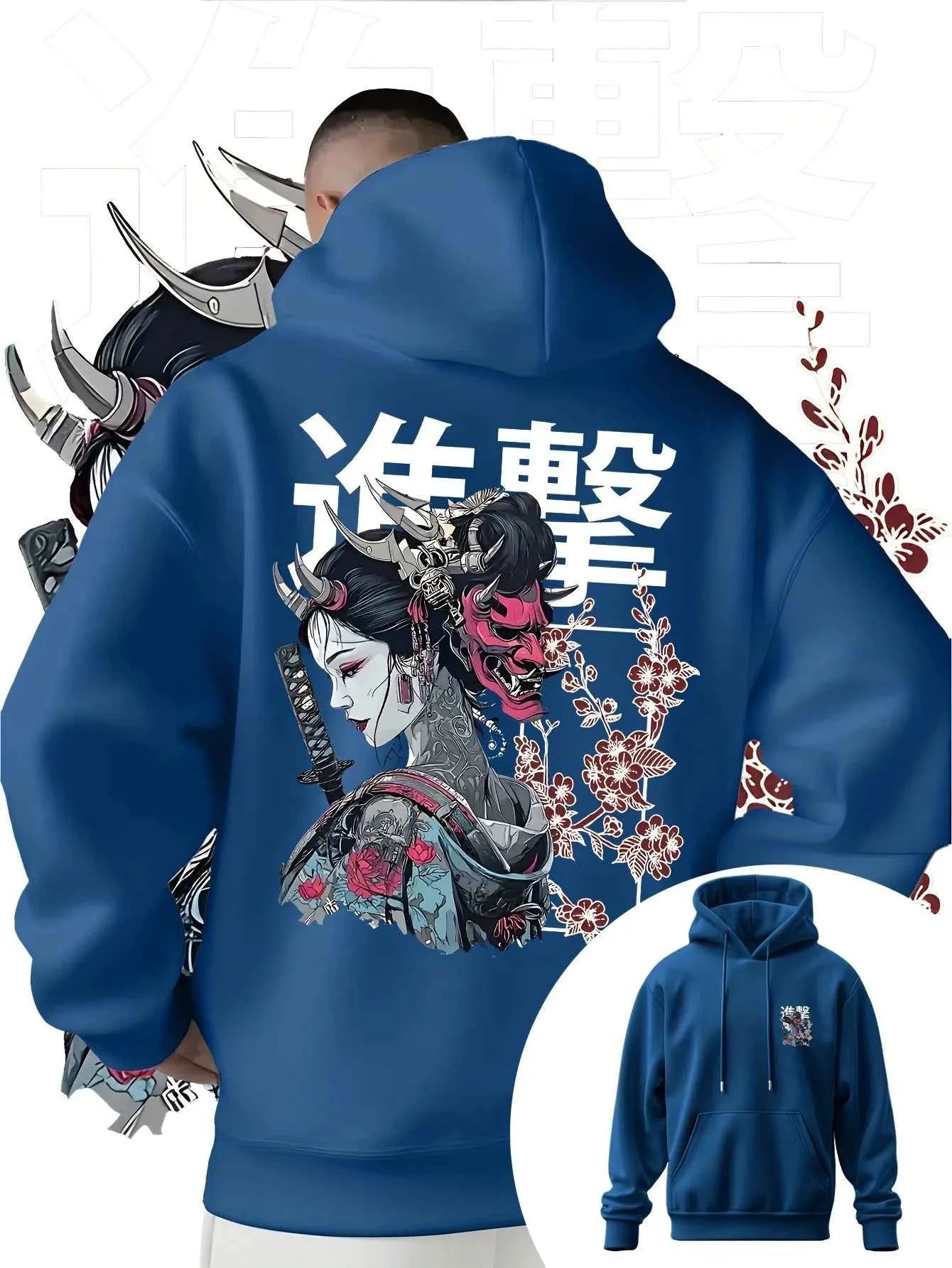 Men's Anime Printed Hooded Sweatshirt Japanese Samurai Design Adult Autumn Winter Fleece Warm Loose Casual Trendy Street Style