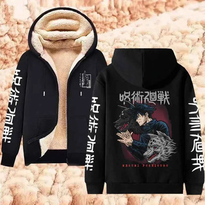 Jujutsu Kaisen Warm Zipper Jacket Gojo Satoru Anime Thicken Hoodie Men Women Lamb Wool Casual Long Sleeve Sweatshirts Streetwear