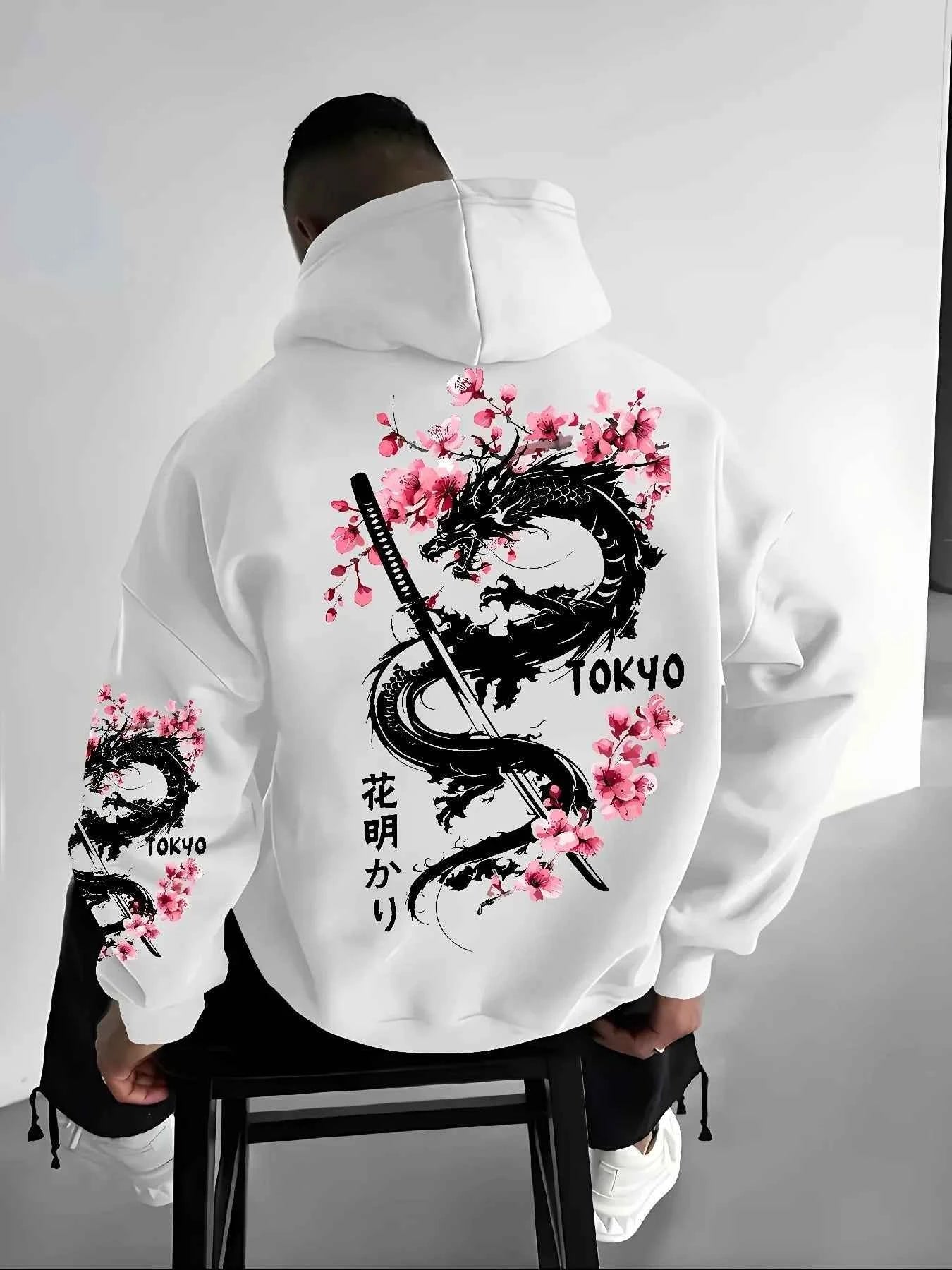 New Men's Anime Dragon Cherry Blossom Printed Hooded Sweatshirt Winter Fleece Warm Casual Street Comfort Inspired Design Hoodie