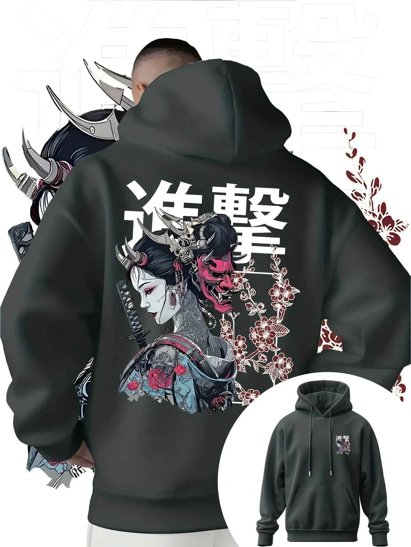 Men's Anime Printed Hooded Sweatshirt Japanese Samurai Design Adult Autumn Winter Fleece Warm Loose Casual Trendy Street Style