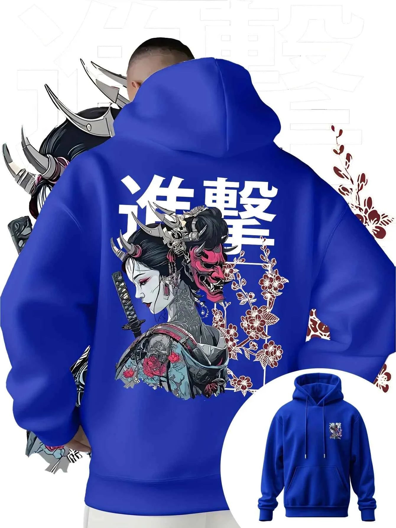 Men's Anime Printed Hooded Sweatshirt Japanese Samurai Design Adult Autumn Winter Fleece Warm Loose Casual Trendy Street Style