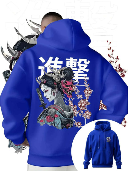 Men's Anime Printed Hooded Sweatshirt Japanese Samurai Design Adult Autumn Winter Fleece Warm Loose Casual Trendy Street Style