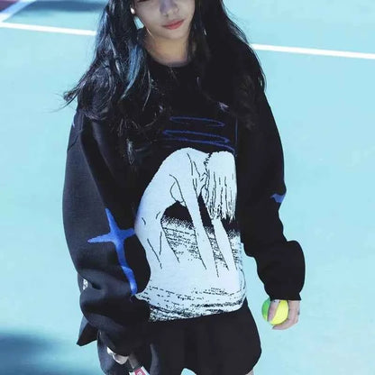 Women's Oversized Knitting Pullover Sweater Anime Print O-Neck Harajuku Style Y2K Streetwear Cute Pattern Knitwear
