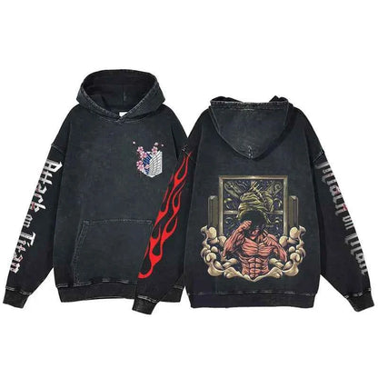 Spring and Autumn animation attack Titan pure cotton hoodie hip hop long sleeve casual street clothing acid-washed sweatshirt