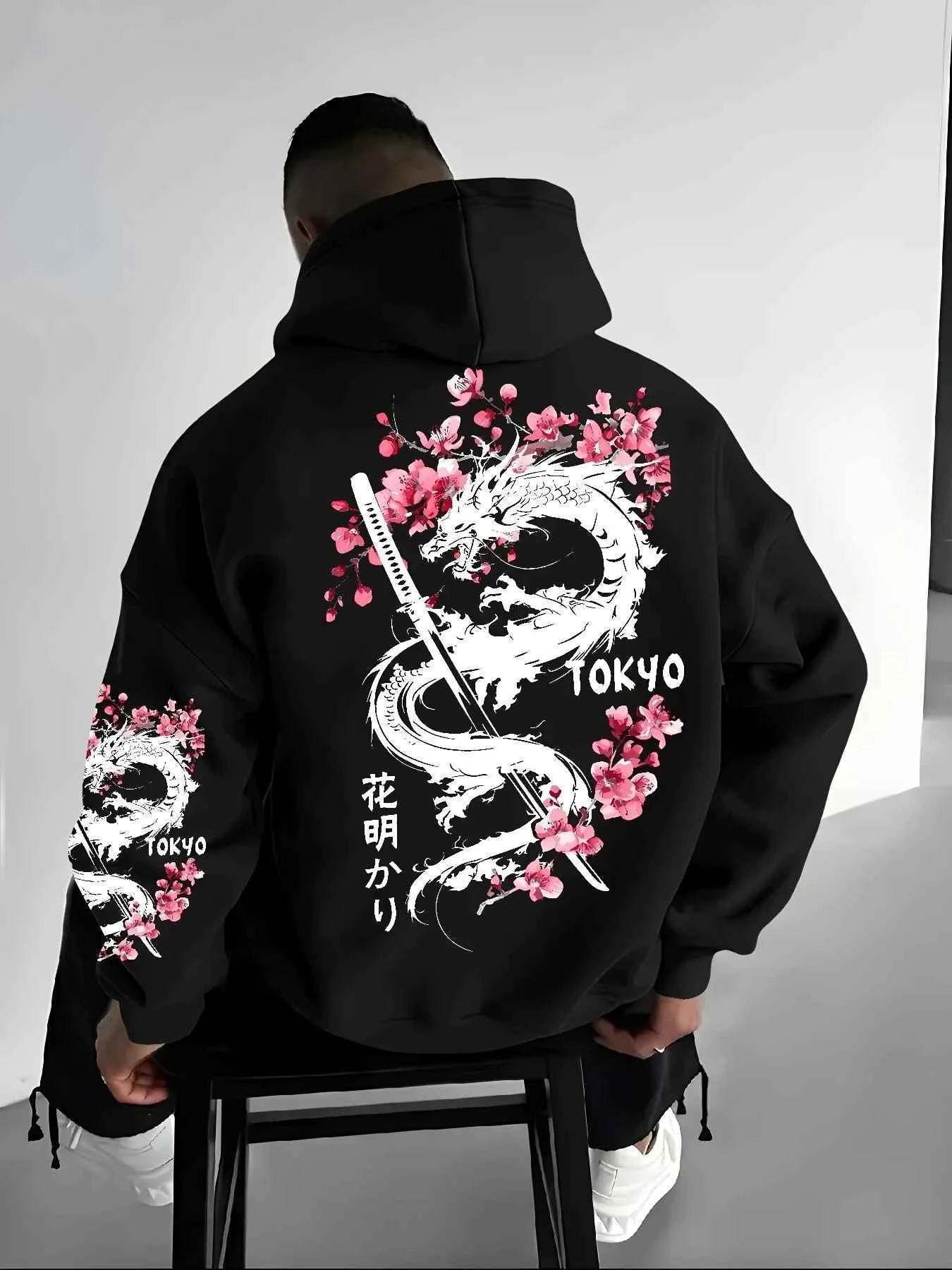 New Men's Anime Dragon Cherry Blossom Printed Hooded Sweatshirt Winter Fleece Warm Casual Street Comfort Inspired Design Hoodie
