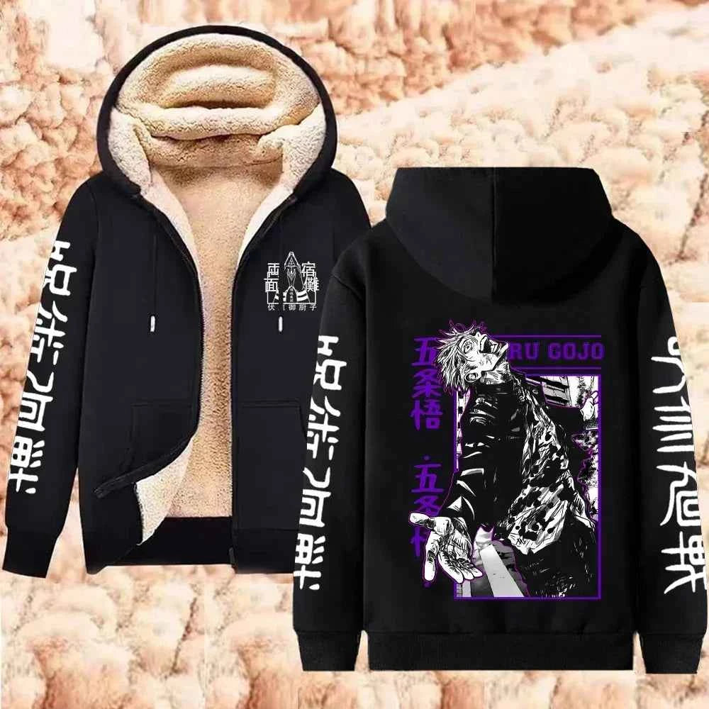 Jujutsu Kaisen Warm Zipper Jacket Gojo Satoru Anime Thicken Hoodie Men Women Lamb Wool Casual Long Sleeve Sweatshirts Streetwear