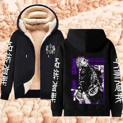 Jujutsu Kaisen Warm Zipper Jacket Gojo Satoru Anime Thicken Hoodie Men Women Lamb Wool Casual Long Sleeve Sweatshirts Streetwear