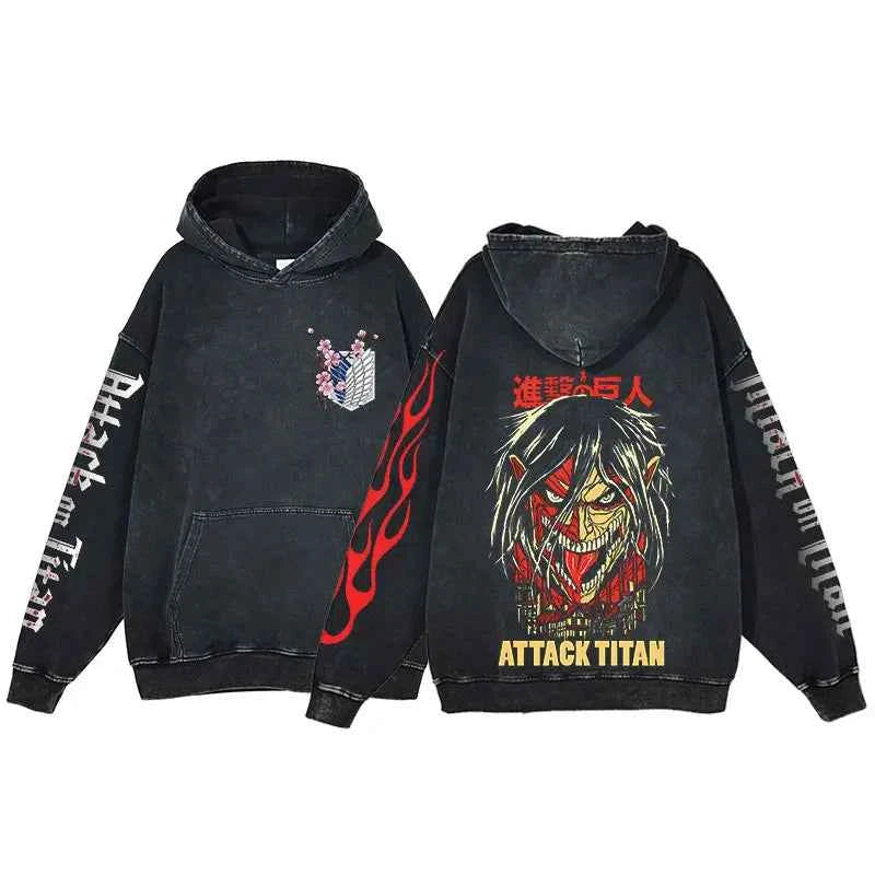 Spring and Autumn animation attack Titan pure cotton hoodie hip hop long sleeve casual street clothing acid-washed sweatshirt