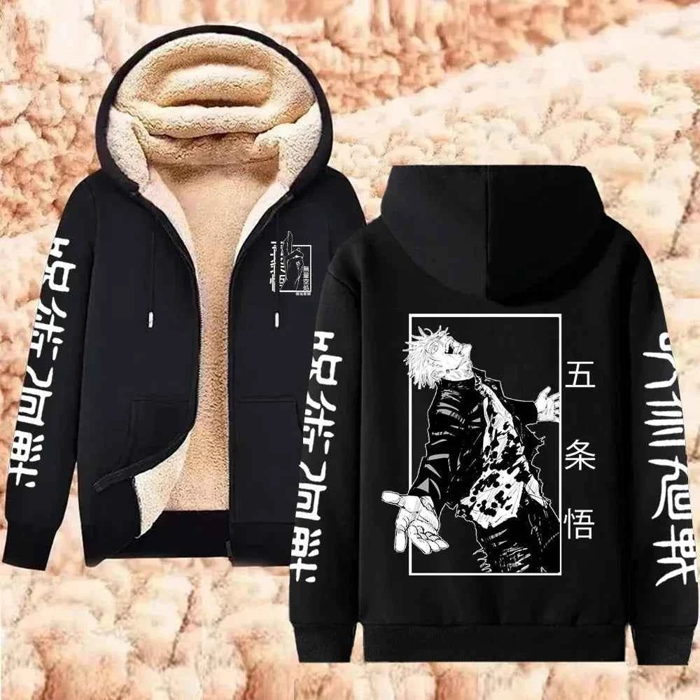 Jujutsu Kaisen Warm Zipper Jacket Gojo Satoru Anime Thicken Hoodie Men Women Lamb Wool Casual Long Sleeve Sweatshirts Streetwear