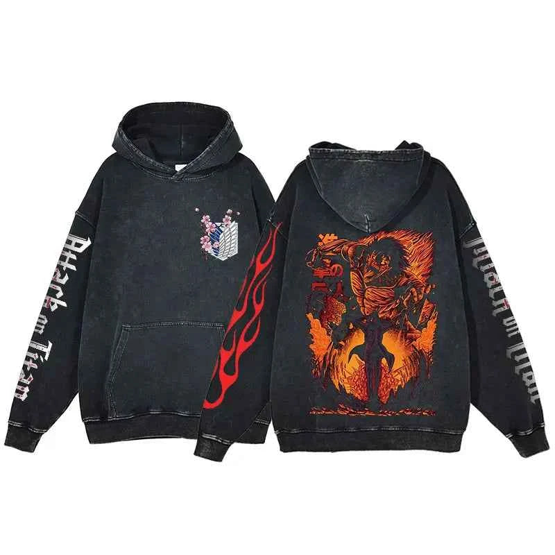 Spring and Autumn animation attack Titan pure cotton hoodie hip hop long sleeve casual street clothing acid-washed sweatshirt