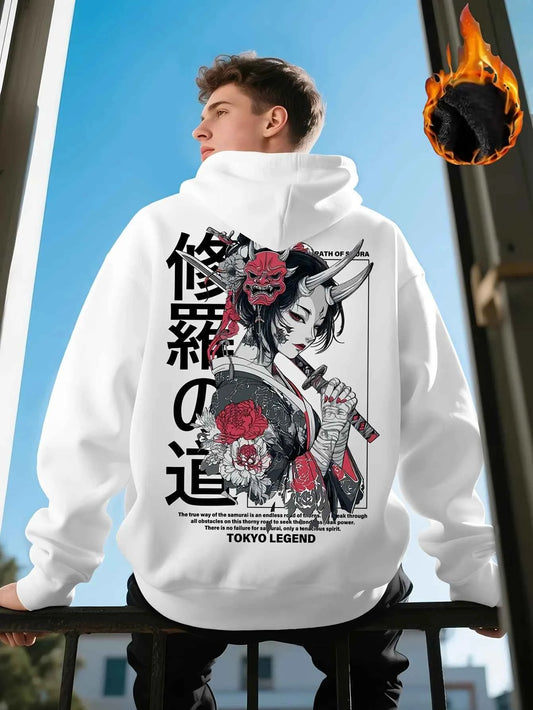 New Japanese Anime Samurai Street Cherry Blossom Adult Men's Hooded Sweatshirt Loose Winter Fleece Warm Casual Versatile Daily