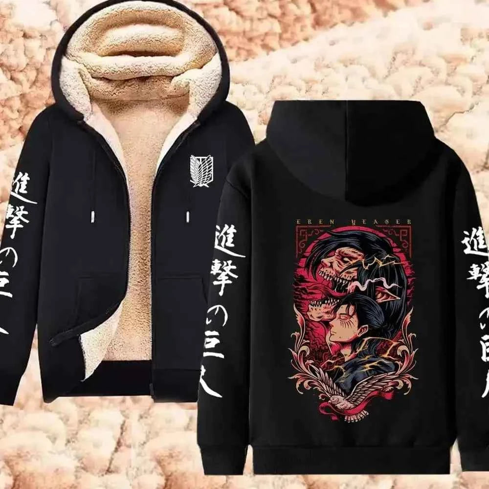 Attack on Titan Winter Warm Zipper Jacket Anime Print Hoodies Men Women Thicken Zip Up Sweatshirts Harajuku Hip Hop Streetwear