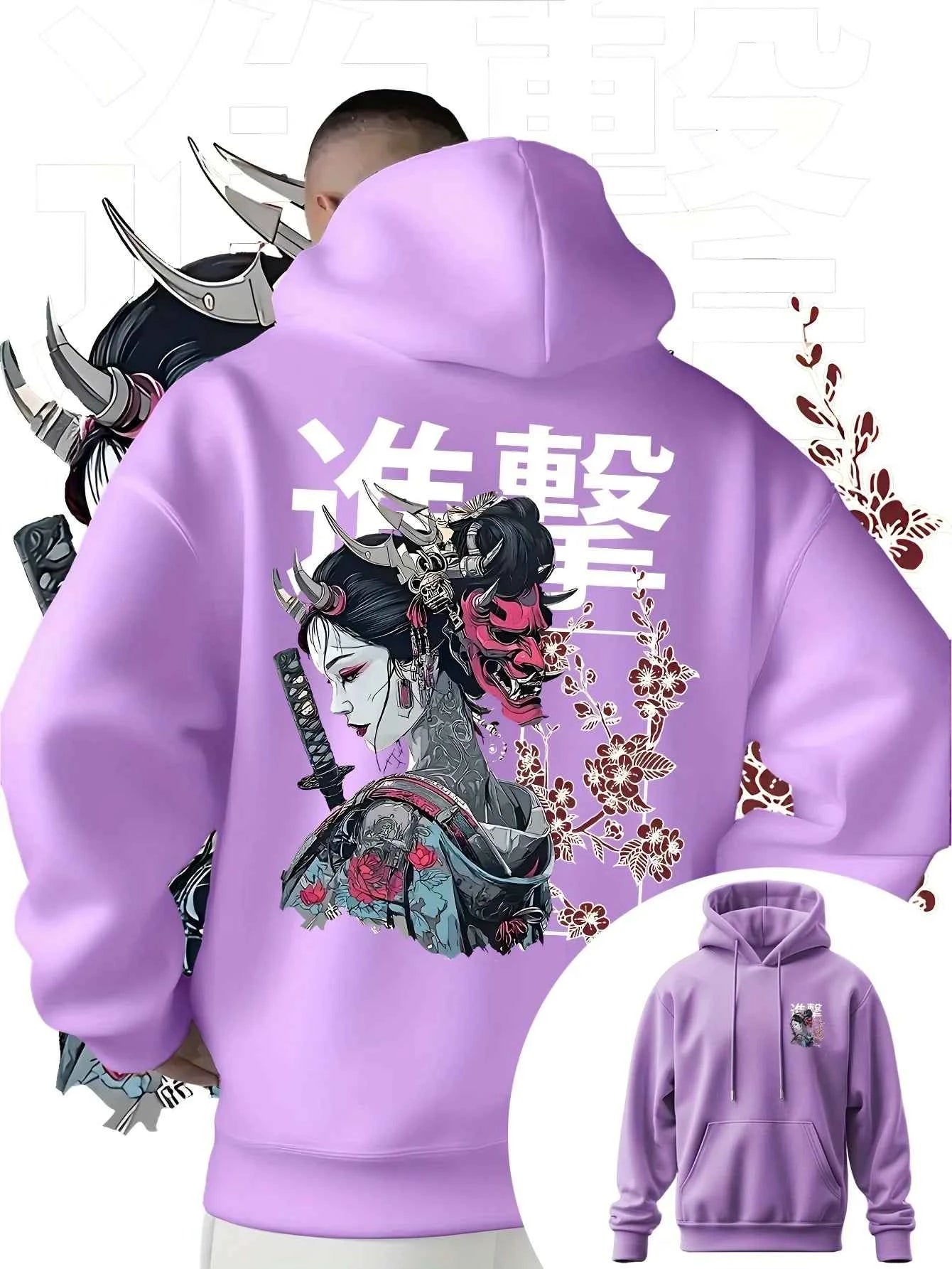Men's Anime Printed Hooded Sweatshirt Japanese Samurai Design Adult Autumn Winter Fleece Warm Loose Casual Trendy Street Style