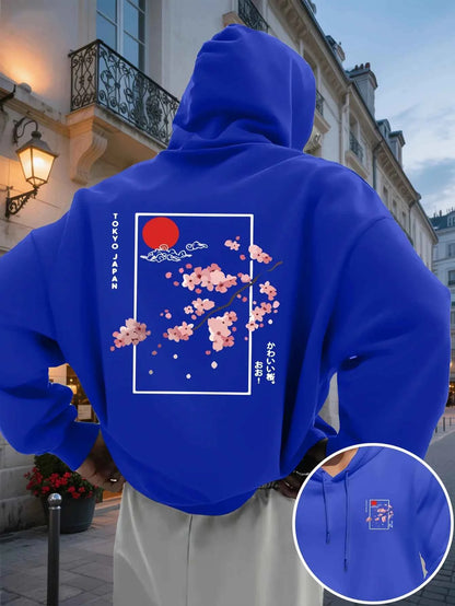 Men's Hooded Sweatshirt Japanese Style Cherry Blossom Printed Hoodie Pocket and Drawstring Casual Pullover, Daily Wear S-3XL