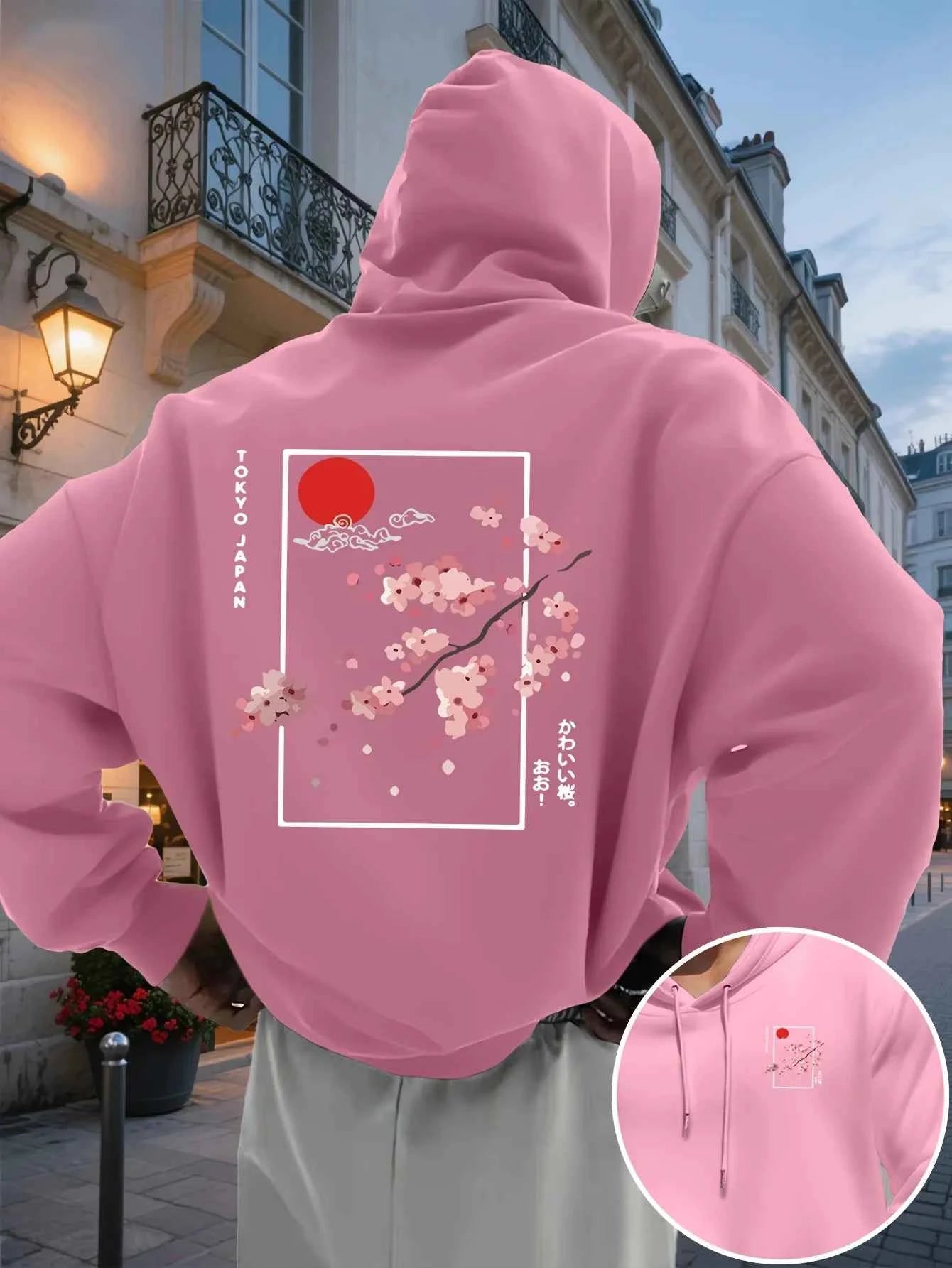 Men's Hooded Sweatshirt Japanese Style Cherry Blossom Printed Hoodie Pocket and Drawstring Casual Pullover, Daily Wear S-3XL
