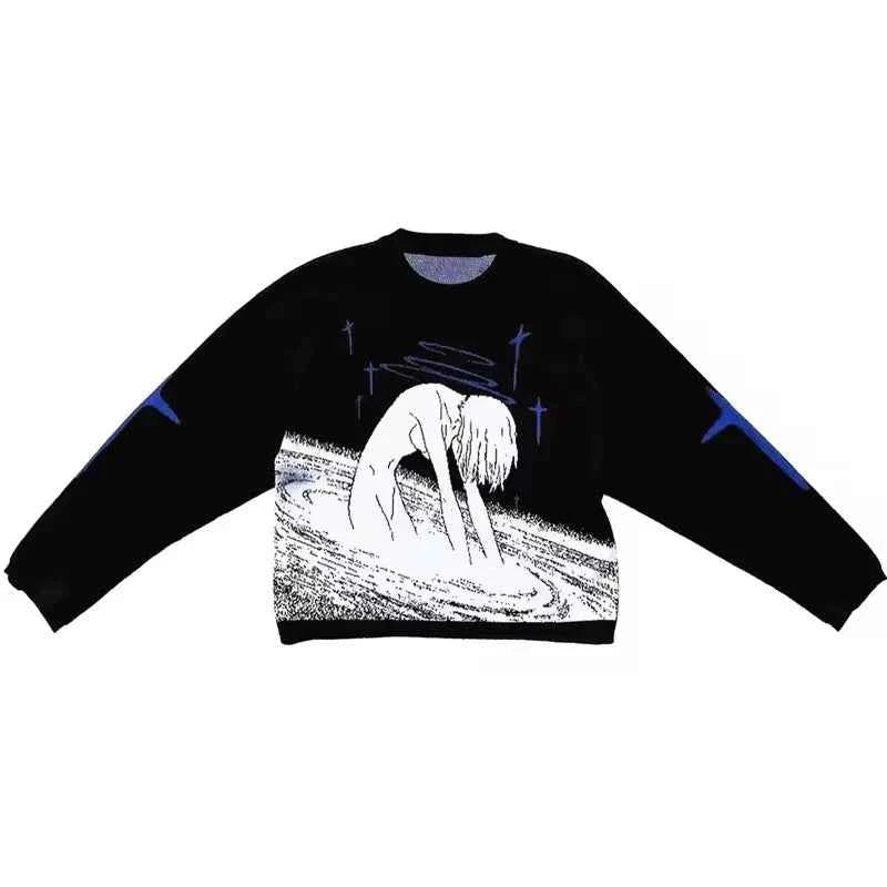 Women's Oversized Knitting Pullover Sweater Anime Print O-Neck Harajuku Style Y2K Streetwear Cute Pattern Knitwear
