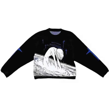 Women's Oversized Knitting Pullover Sweater Anime Print O-Neck Harajuku Style Y2K Streetwear Cute Pattern Knitwear