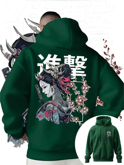 Men's Anime Printed Hooded Sweatshirt Japanese Samurai Design Adult Autumn Winter Fleece Warm Loose Casual Trendy Street Style