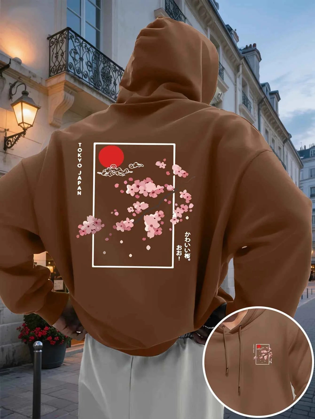 Men's Hooded Sweatshirt Japanese Style Cherry Blossom Printed Hoodie Pocket and Drawstring Casual Pullover, Daily Wear S-3XL