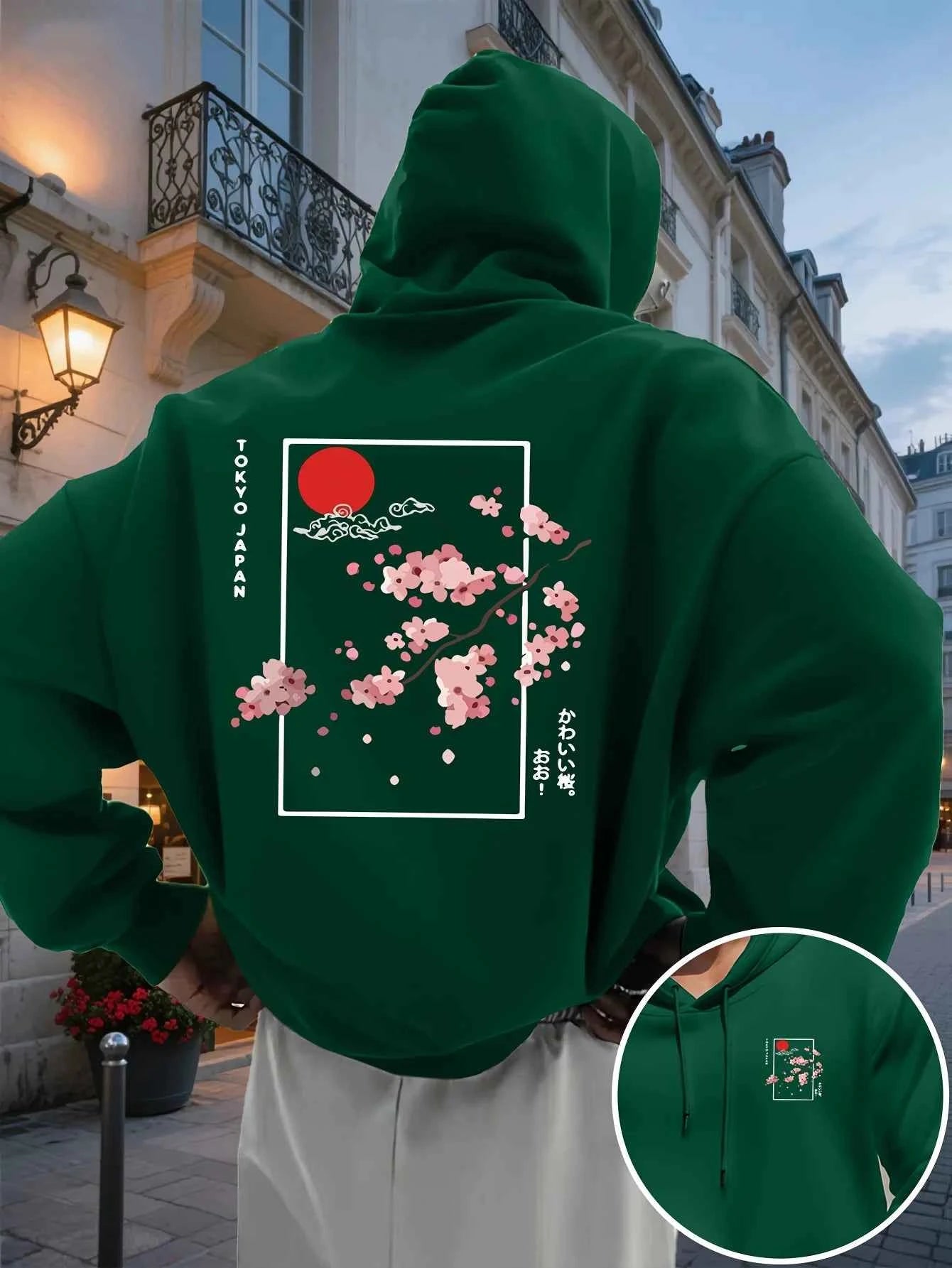 Men's Hooded Sweatshirt Japanese Style Cherry Blossom Printed Hoodie Pocket and Drawstring Casual Pullover, Daily Wear S-3XL