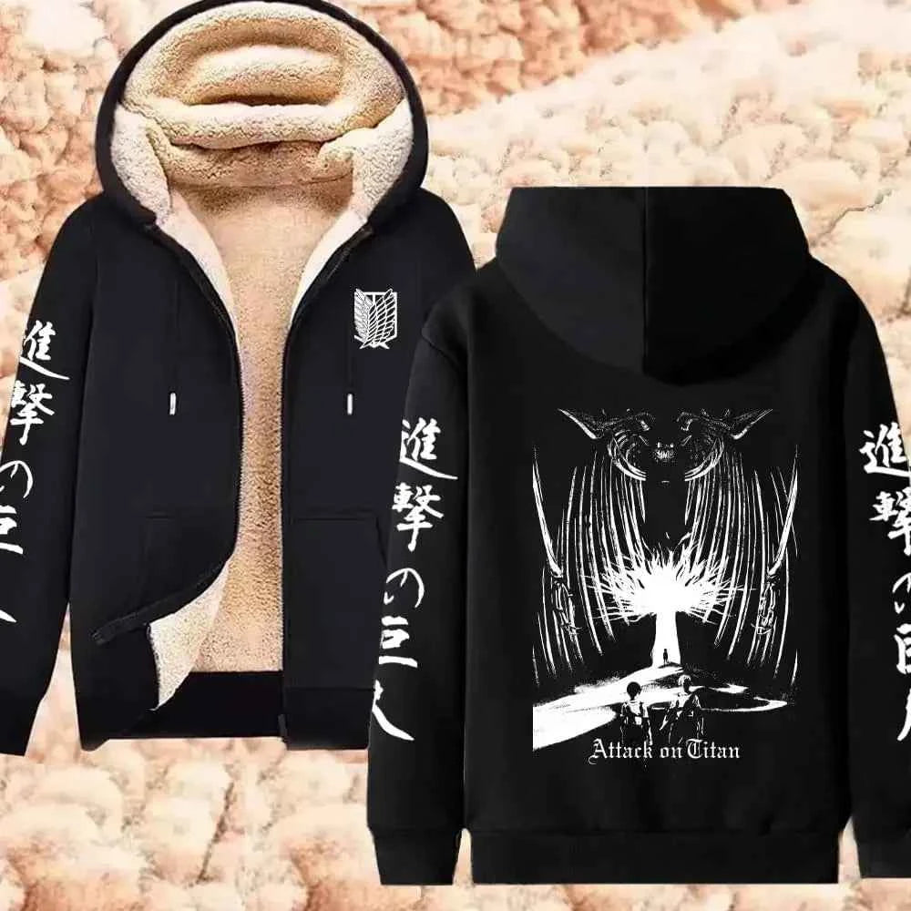 Attack on Titan Winter Warm Zipper Jacket Anime Print Hoodies Men Women Thicken Zip Up Sweatshirts Harajuku Hip Hop Streetwear