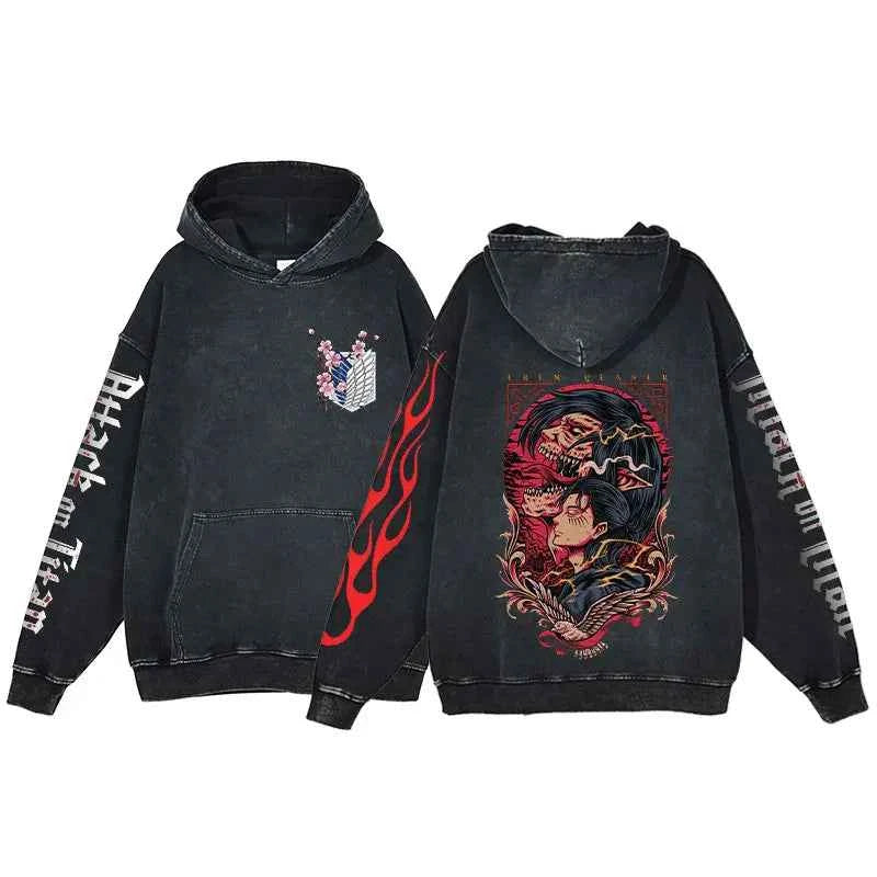 Spring and Autumn animation attack Titan pure cotton hoodie hip hop long sleeve casual street clothing acid-washed sweatshirt