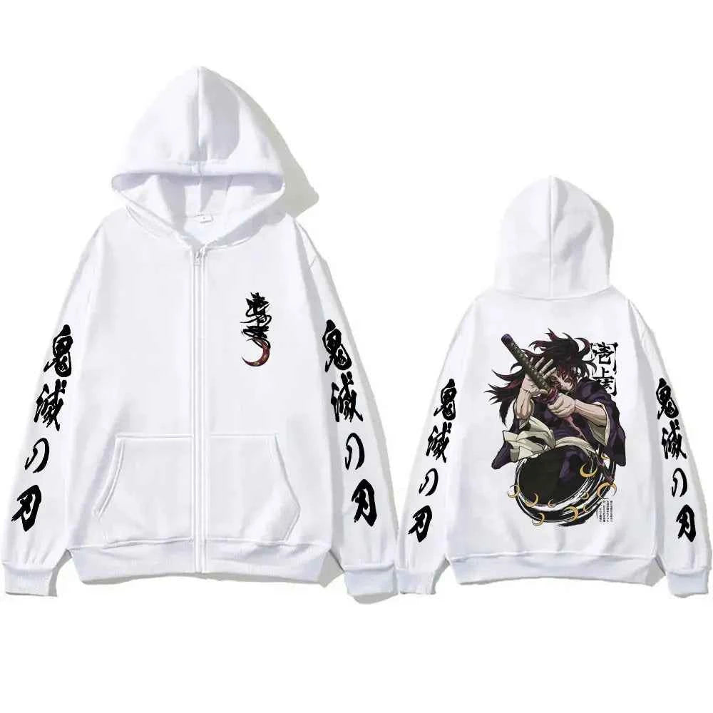 Anime Demon Slayer Kokushibo Zipper Hoodie Men Women Clothing Cartoon Fashion Zip Up Jacket Men's Oversized Zip Up Sweatshirt