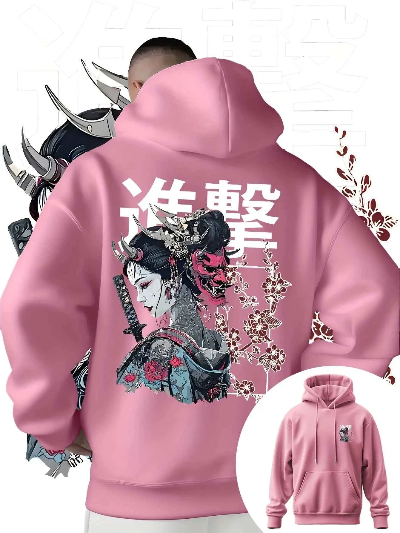 Men's Anime Printed Hooded Sweatshirt Japanese Samurai Design Adult Autumn Winter Fleece Warm Loose Casual Trendy Street Style