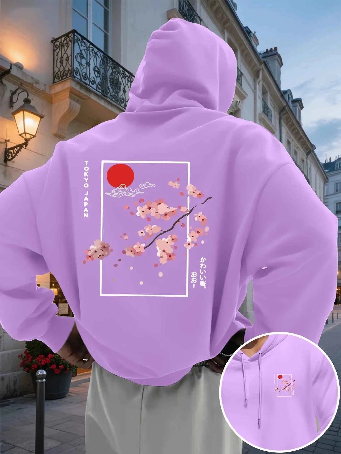 Men's Hooded Sweatshirt Japanese Style Cherry Blossom Printed Hoodie Pocket and Drawstring Casual Pullover, Daily Wear S-3XL