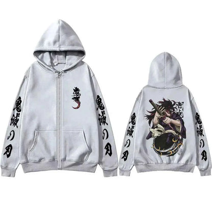 Anime Demon Slayer Kokushibo Zipper Hoodie Men Women Clothing Cartoon Fashion Zip Up Jacket Men's Oversized Zip Up Sweatshirt