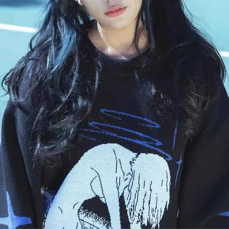 Women's Oversized Knitting Pullover Sweater Anime Print O-Neck Harajuku Style Y2K Streetwear Cute Pattern Knitwear